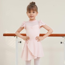 Dmwhsy 2 Stück Ballett Kleid für Mädchen Kurze Ärmel Gymnastik Kostüm mit Chiffon Tanz Wrap Rock Kinder Tanzbekleidung Set