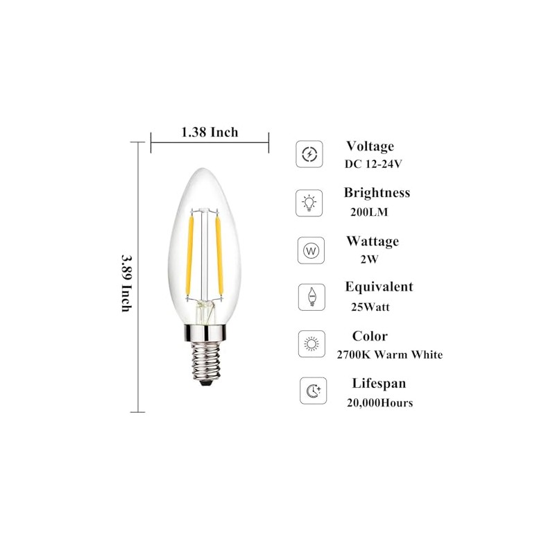 Beonllay 12 Volt LED Candelabra Bulbs E12 Base Light Bulb