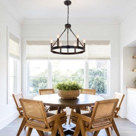 Rviezza Wagon Wheel Chandelier 6 Light, Black Farmhouse Chandelier 19.5" Metal Round Dining Room Light Fixture Vintage Wheel Pendant Lighting for Kitchen Living Entryway Foyer, E12 Socket