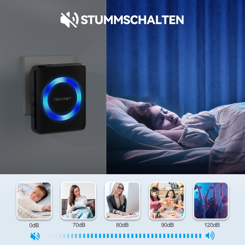TECKNET Wireless Doorbell, Wireless Doorbell Set, 400 m Range, IP65