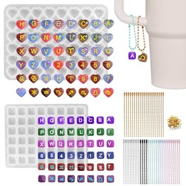 Kit de 96 piezas de moldes de letras de resina, moldes de silicona de números y alfabeto AFUNTA con agujeros, moldes de silicona en forma de corazón y cuadrado para colgante de asa de taza de agua de