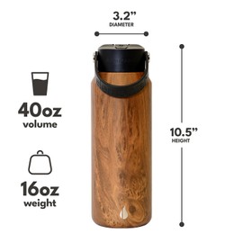 Elemental Core Stainless Steel Water Bottle with Straw - 40 oz Leak Proof Double Wall Insulated Water Bottles for Travel, Sports and Gym - Reusable Water Bottle with Straw - Teak Wood