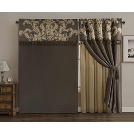 Chezmoi Collection Royale 4-Piece Jacquard Floral Window Curtain/Drape Set with Sheer Backing Valance Tassels, Coffee/Gold