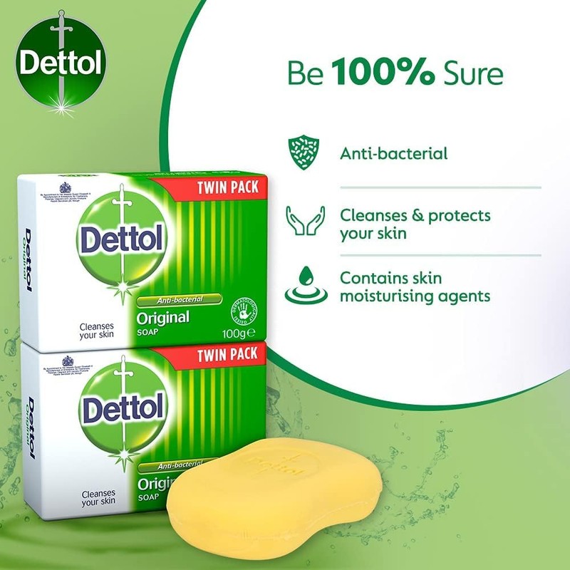 Dettol Anti-Bacterial Original Bar Soap, 2 Count (Total 4 Bars)
