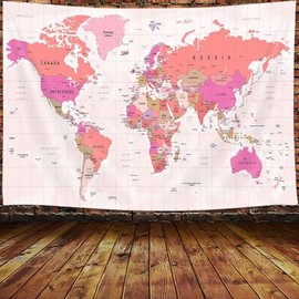 World Map Tapestry for Kids Student, World Map with Countries and Major Cities Tapestry Educational Tapestry, Asia Europe South City Topography America Africa Japan Wall Tapestry 60X40 Inch(Pink)