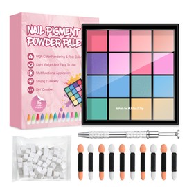 Nail Pigment Powder Palette Set, Nail Art Tools, 16 Colors Chrome Nail Powder with 50 pcs Sponges & Grabbing Pen for 3D Gel Nail Art DIY Design