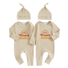 YOKJZJD Newborn Baby Girl Boy Twins Matching Outfits Womb Mates Knitted Romper Mitten Cuffs Jumpsuit with Hat Fall Clothes (Apricot, 3-6 Months)