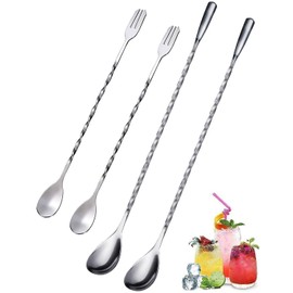 TOZBLEU Cocktail Mixing Spoon, Set of 4 Bar Spoons, Stirrer, Long Cocktail Stirrer, Gin Spoon, Stainless Steel, Professional Cocktail Stirrer Spoon with Spiral Pattern for Bar, Cocktail Shaker,