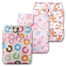 Littles & Bloomz, Reusable Pocket Cloth Nappy, Fastener: Popper, Set of 3, Patterns 301, with 3 Bamboo Charcoal Inserts