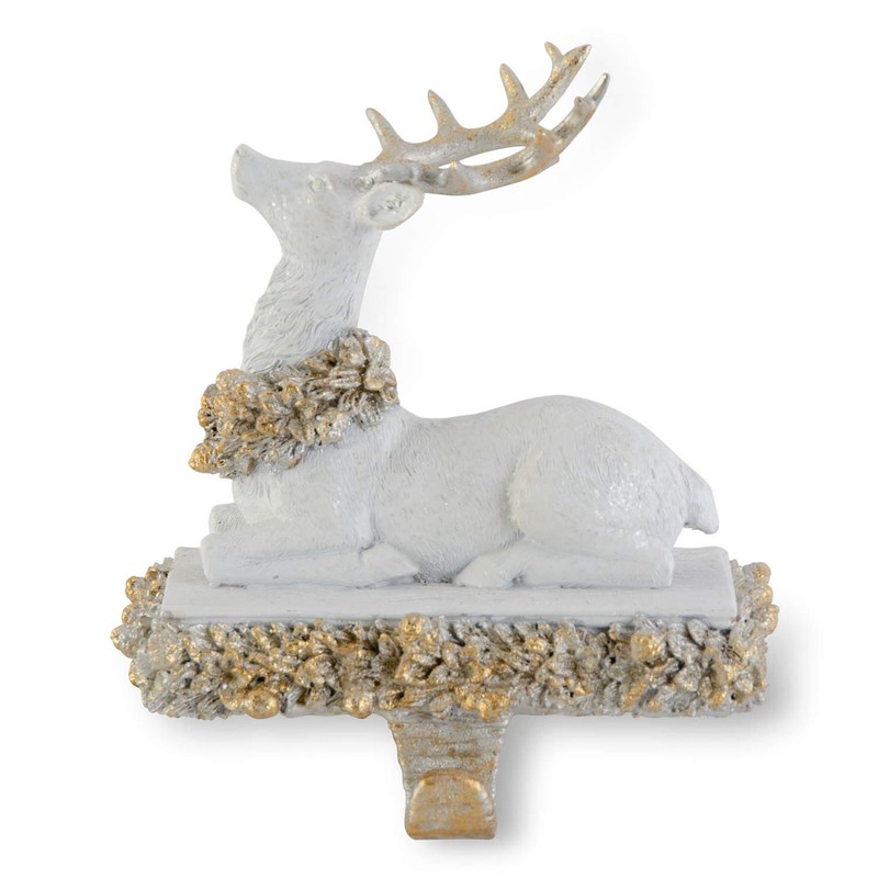 K&K Interiors 8 Inch White and Gold Glittered Sitting Reindeer