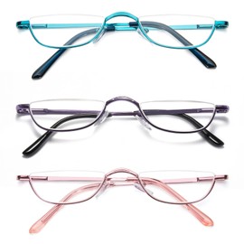 DXYXYO Half Moon Reading Glasses for Women 2.25, Metal Small Semi Rim Readers with Spring Hinge, Purple Blue Pink