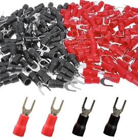 Teansic 200PCS Insulated Fork Wire Connector,AWG22-16 Black & Red U Type Electrical Crimp Terminals,#4 Stud Size Spade U Connector (100 Pcs Red +100 Pcs Black)…