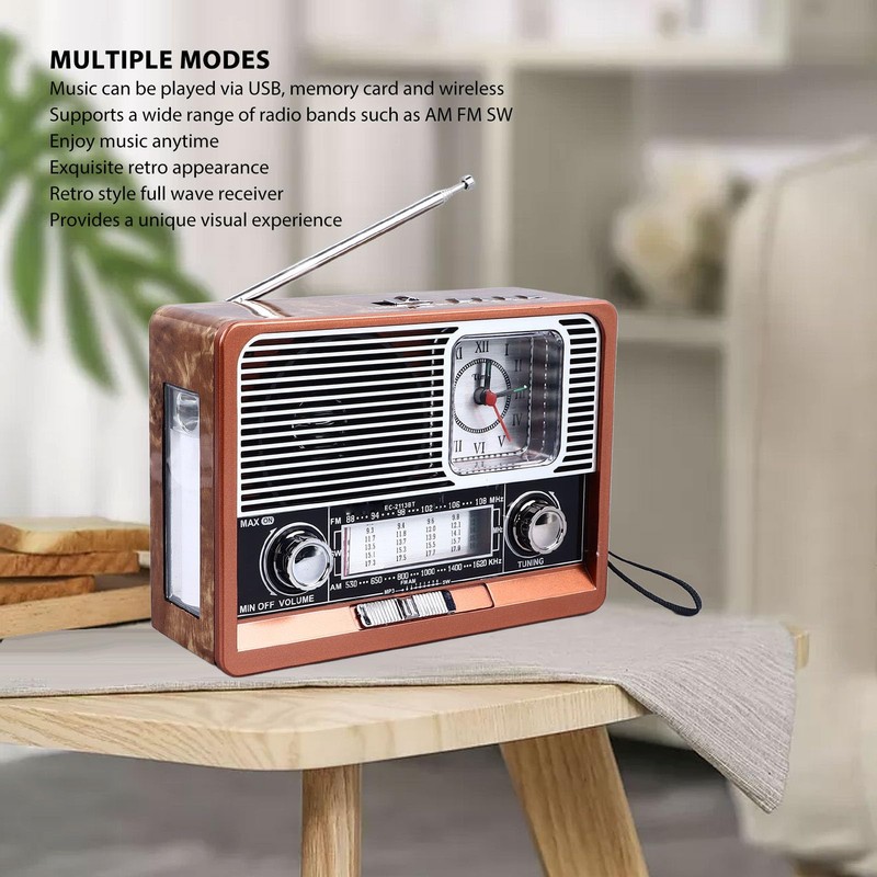 Yunseity Radio Vintage Multifuncional Am FM SW Banda Reloj Linterna