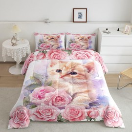 Manfei Kawaii Cat Boys Girls Comforter Set,Floral Pink Rose Blossoms Duvet Set for Room Decor,Kids Cute Animal Kitten Pet Brushed Microfiber Soft Quilt Cover,Full