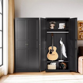 Mlezan 72" H Metal Storage Cabinet with Adjustable Shelves and Wardrobe Armoire Closet - Black
