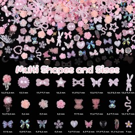 1500Pcs 3D Nail Charms for Acrylic Nails, Resin Butterfly Flower Star Heart Bow Charms Flatback Pearls Rhinestone Metal Gems Charm for Nail Art Design DIY Crafts (1500Pcs-Pink)