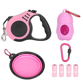 GLOGLOW Correa retráctil para Perros, Liviana 5M Juego de Correas retráctiles para Perros con Recipiente Plegable Dispensador Bolsas de Basura Hebilla para Perros Correr Caminar Entrenamiento(Rosa)