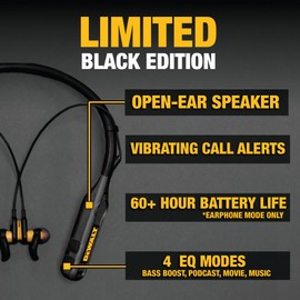 DEWALT Heavy Duty Black Edition 2-in-1 Neckband Bluetooth Headphones w/Built-in Speakers, Jobsite Wearable Speaker & Around Neck, Wireless Headset, 60+ Hrs Hands-Free Music & Calls, Carry Pouch