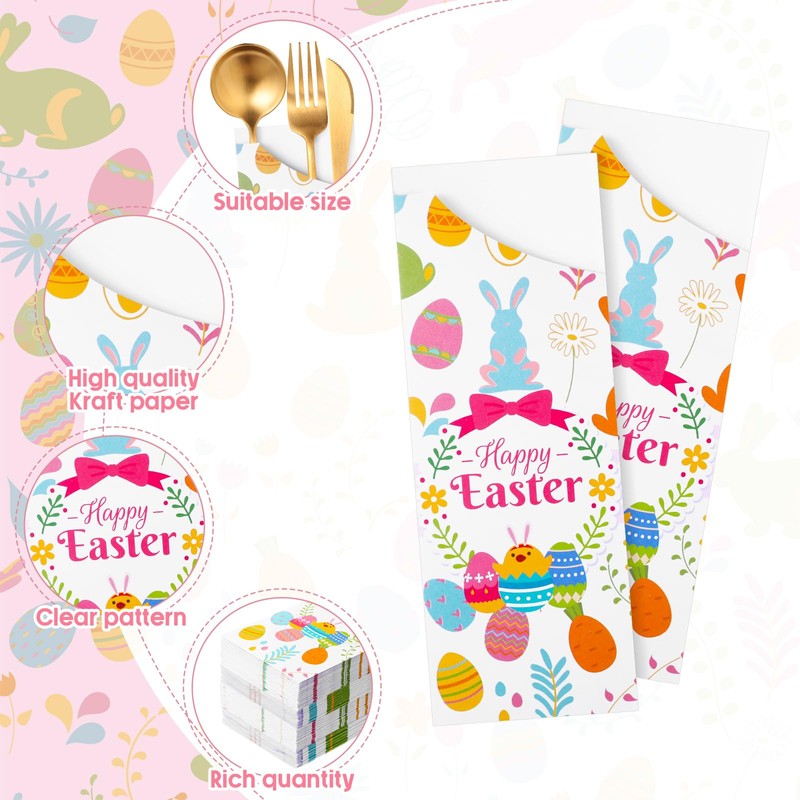 Ireer 100 Pcs Easter Silverware Bags Disposable Paper Cutlery Utensil