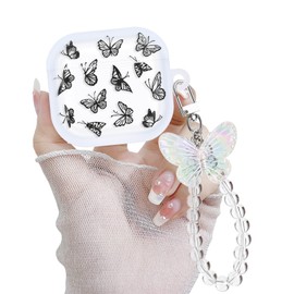 Newseego Clear Case Compatible with AirPods 4th Generation Cute Butterfly Print Pattern with Keychain for Girls Women Full Body Shockproof Charging Pod Protective Cover for AirPods 4 Gen-Black
