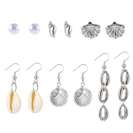 Beach Shell Dangle Earrings for Women, 6pairs Bohemian Seashell Long Drop Earrings, Pearl Conch Stud Summer Boho Jewelry