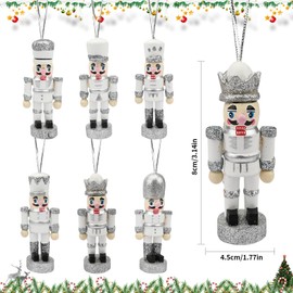 6 PCS Christmas Nutcracker Ornaments,Wooden Nutcracker Christmas Decoration Pendant,Silver Nutcracker Figures Ornaments,Winter Xmas Tree Hanging Nutcracker Soldier for Holiday Home Decoration