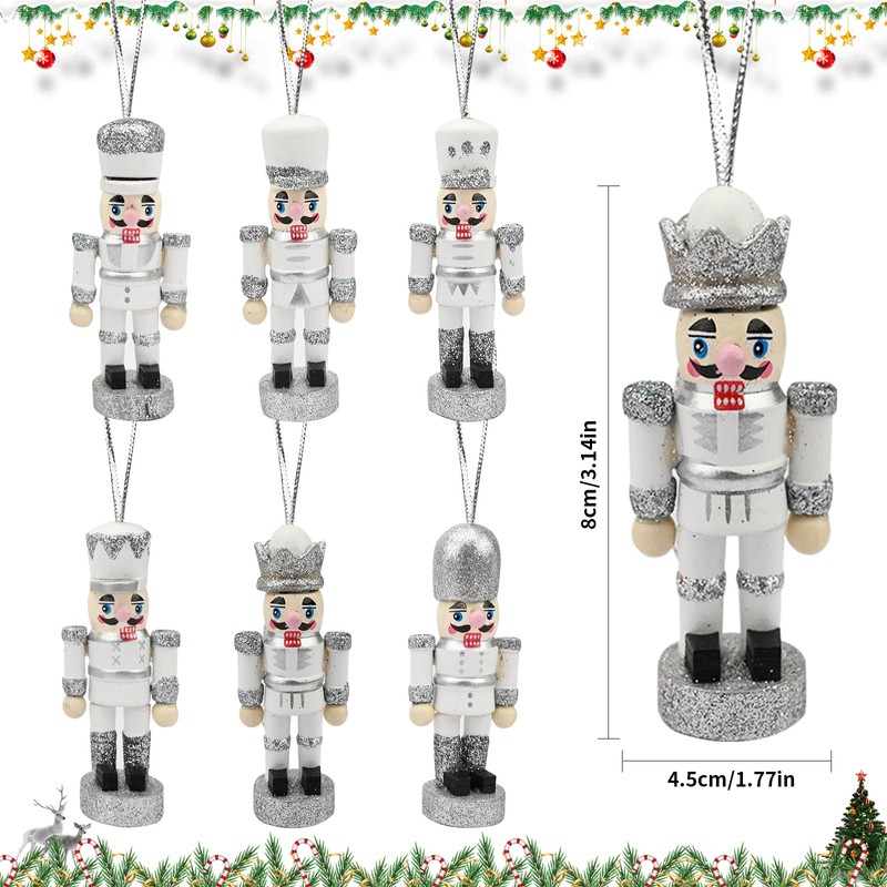 6 PCS Christmas Nutcracker Ornaments,Wooden Nutcracker Christmas Decoration Pendant,Silver Nutcracker