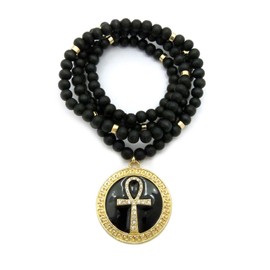 Shiny Jewelers USA Mens Gold Silver Egyptian Ankh Cross Round Pendant Charm 36" Wood Bead Chain Necklace (Gold)