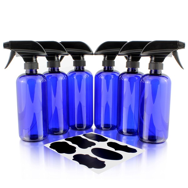 16oz Cobalt Blue PLASTIC Spray Bottles w/Heavy Duty Mist & Stream Sprayers and Chalkboard Labels (6-pack); PET #1 BPA-free, Use for Aromatherapy, DIY Cleaning, Kitchen, Hair Etc
