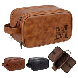 Travel Toiletry Bag for Men, Double Layer Handle, Water Resistant PU Leather Kit, Fathers Day Christmas Thanksgiving Groomsmen Wedding Gift (Yellowish Brown)