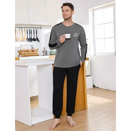 Crewhpo Men's Long Cotton Two-Piece Pyjamas with Crew Neck Plain Pyjamas Men Warm Sleepwear Long Sleeve Loungewear Winter S-XXL, Dark grey + black