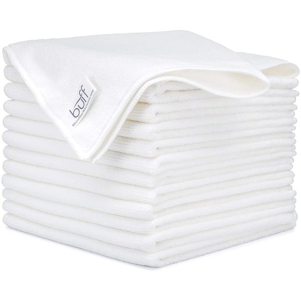 Buff Microfiber Cleaning Cloth | White (12 Pack) | Size 16" x 16" | All Purpose Microfiber Towels - Clean, Dust, Polish, Scrub, Absorbent