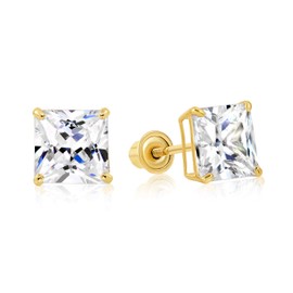 14k Yellow Gold Solitaire Square Princess-cut CZ Stud Earrings with Secure Screw-backs, Yellow Gold, Cubic Zirconia