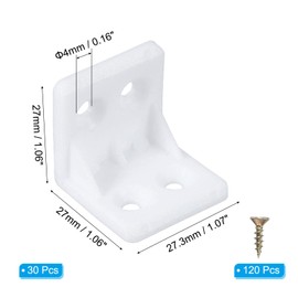 PATIKIL Plastic Corner Braces 1.06x1.06x1.07, 30 Pack L-Shape Bracket Right Angle Board Holder Shelf Support with Screws for Fixing Drawer Wood Shelves Cabinet Frame, White