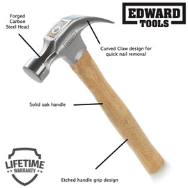 Edward Tools Oak Claw Hammer 16 oz - Heavy Duty All Purpose Hammer - Forged Carbon Steel Head - Etched Solid Oak Handle for more durability and grip (1)