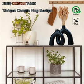 Hug Donut Decorative Vase Set,Minimalist Nordic Boho Style Vases Home Decor,Matte Ceramic Hollow Vase Decorations for Living Room Shelf, Bookshelf Mantle Entryway Table or Console Décor. (Black)