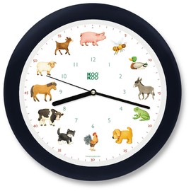 KOOKOO KidsWorld Black-Blue, Wall Clock for Children with Natural Sounds, 12 Farm Animals