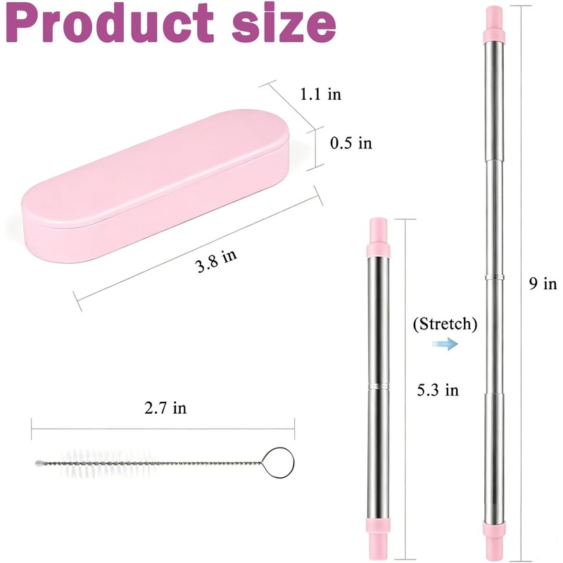 Set de 2 Pajitas de Acero Inoxidable Retráctiles Reutilizables Portátiles