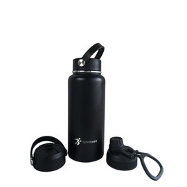 OMNIBEEE Insulated Water Bottle, 1L Stainless Steel, Handle, 3 Lids, Hot 24H/Cold 48H. Leak Proof, Good for Bike, Camping, Sports and Gym. (Black, 32 oz) (Black, 1 Litre)