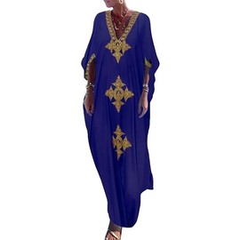 Bsubseach Gold Embroidery Long Kaftan Dresses V Neck Caftan Dress Beach Cover Ups for Women Navy Blue
