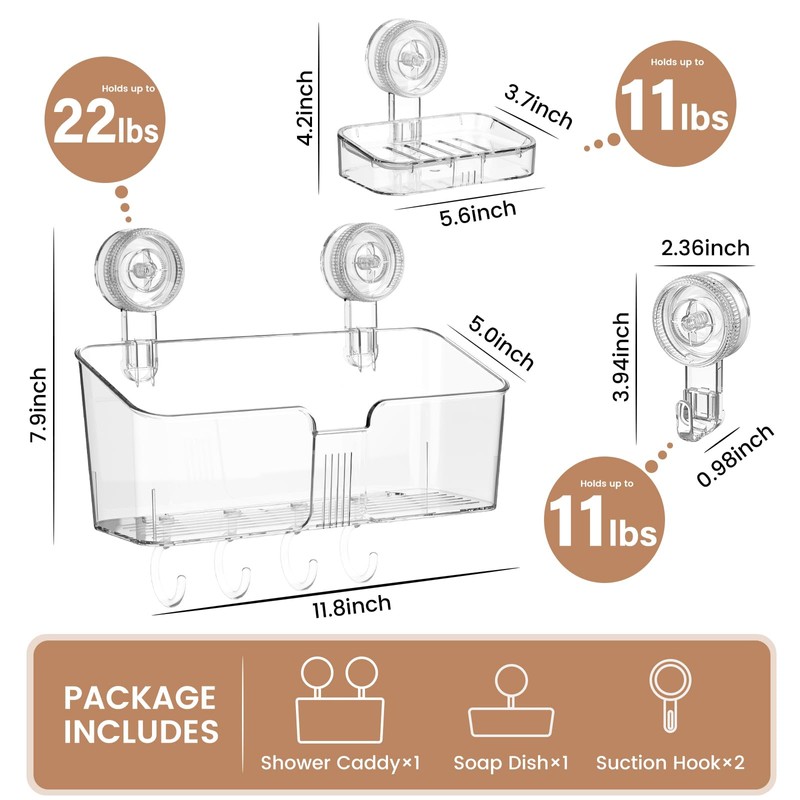 LUXEAR 4 Packs Shower Caddy Suction Cup Clear White -