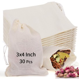 30 Pcs Natural Cotton Spice Bags for Cooking, 4x3 Inch Unbleached Reusable Tea Bags, Muslin Drawstring Soup Bags, Cheese Cloth Bags for Straining, Herb Sachet Bag (30, 4x3 Inch)