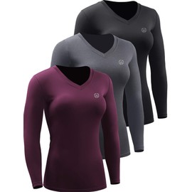 NELEUS Women's 3 Pack Compression Shirts Long Sleeve Yoga Athletic Running Shirts,V-Neck,Black/Grey/Red,XL