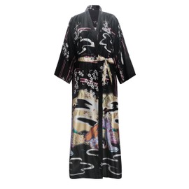 VOGMATE Kimono Bathrobe Women's Long Large Sizes Satin Dressing Gown Lightweight Japanese Plus Size Kimono Bathrobe Yukata, Sakura ukiyo-e Black