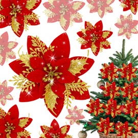 Christmas Glitter Poinsettia Flowers, 10Pcs Artificial Christmas Flower Christmas Tree Decorations Xmas Flower Heads for Xmas Tree Wedding New Year Garland Wreaths Decor A7FZJFH