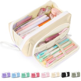 Sooez Big Capacity Pencil Case, Extra Large Pencil Pouch with Zipper Pocket, Wide Opening Pencil Bag, Portable Stationery Organizer, Cute Aesthetic School Office Supplies for Teens Girls Adults, Beige