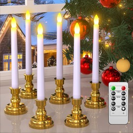 PChero Window Candles with Remote Timer, 6 Packs 7.9" Battery Operated Flameless LED Taper Candles Lights with Removable Gold Candle Holders, Ideal for Thanksgiving Table Christmas Fall Home Decor