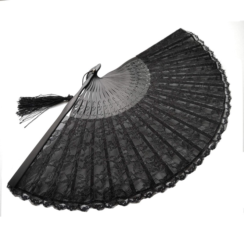 Eastern Wind Black lace hand folding fan, handheld foldable rave