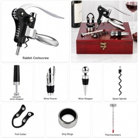 Wine Bottle Opener Set, 9-Pieces Stainless Steel Manual Corkscrew Kit with Classic Wooden Box, Wine Opener Set with Cutter, Spiral Stopper, Pourer for