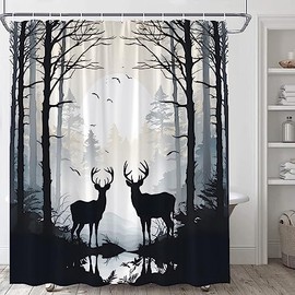 Foggy Forest Elk Shower Curtain Rustic Cabin Lodge Grey Black Moose Silhouette Farmhouse Wild Animal Hunting Camping Lodge Country Outdoor Nature Scenic Fabric Bathroom Curtains with Plastic Hooks